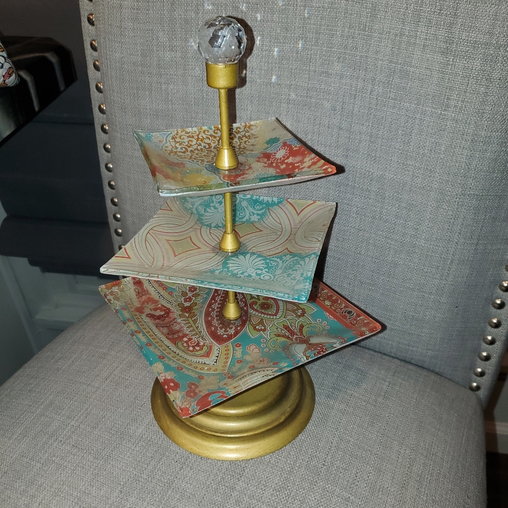 Vintage, Boho, Glass, paisley, 3 Tiered Tray, 11" tall